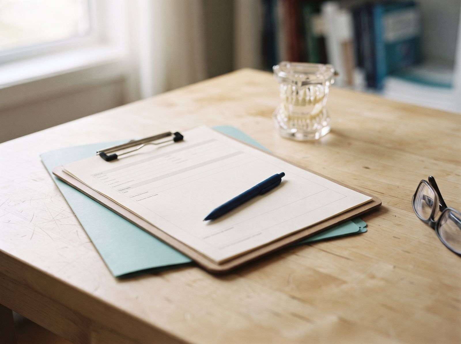 A treatment plan clipboard and study model on a consultation desk at Hanover Dental Sedation